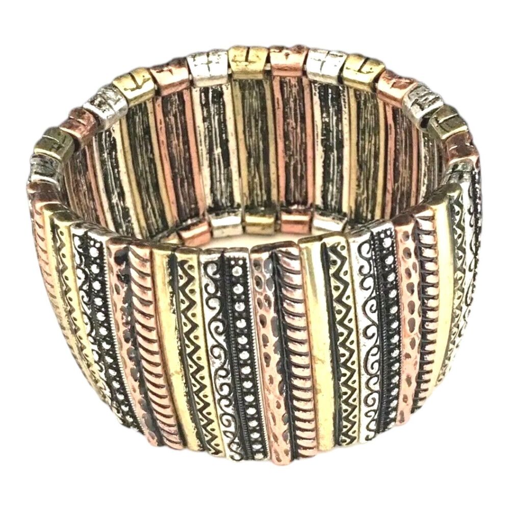 New Multi-Tone Stretch Bracelet Antiqued Gold Copper Silver Tones 7B